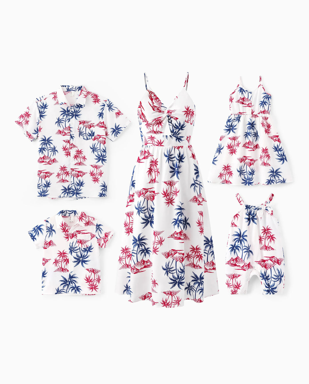 Independence Day Matching Family Outfits Red & Blue Palm Tree Print Hawaiian Vacation Clothes Summer Beach Shirt & Dress Set Multi-color