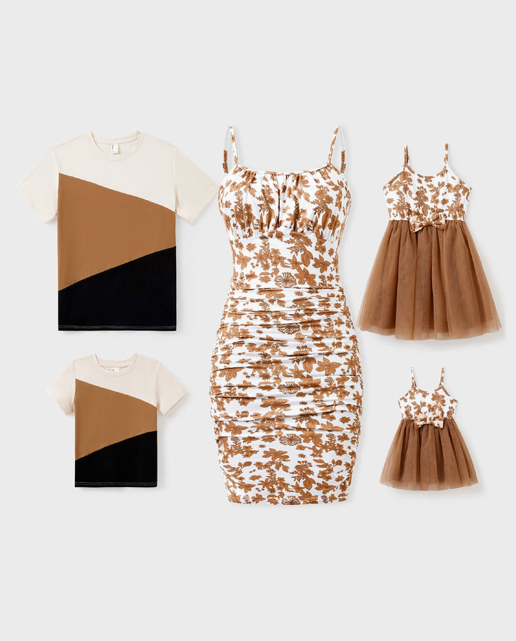 Family Matching Colorblock Cotton Tee or Flora Print Strap Body-con Dress or Mesh Splicing Dress Khaki