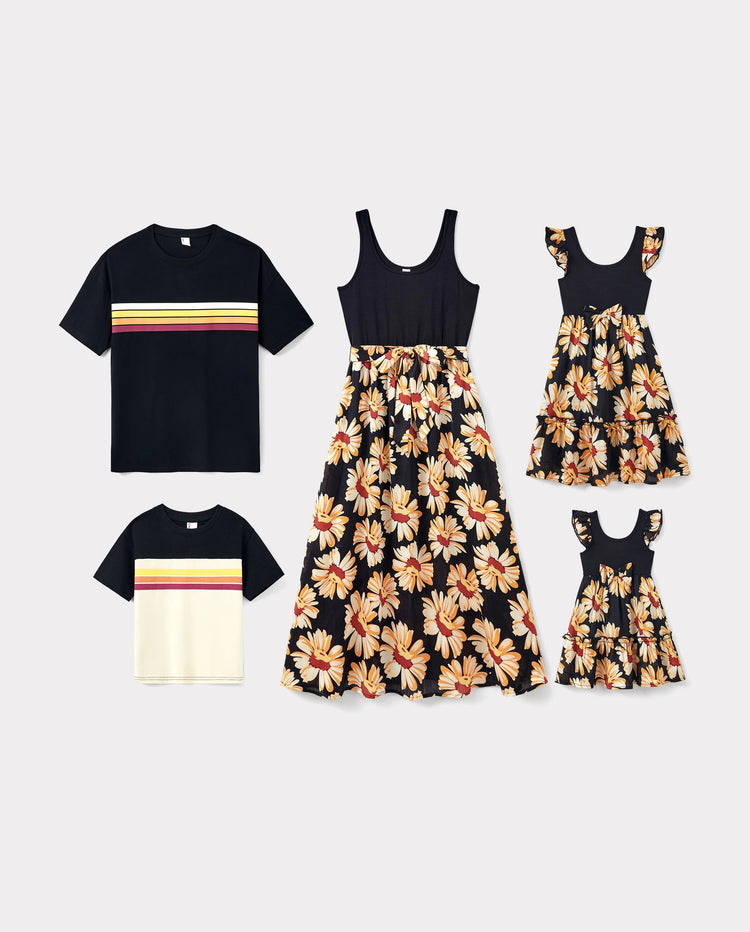 Family Matching Set Floral Sleeveless Strappy Dress or Colorblock Short-sleeve T-shirt  Black