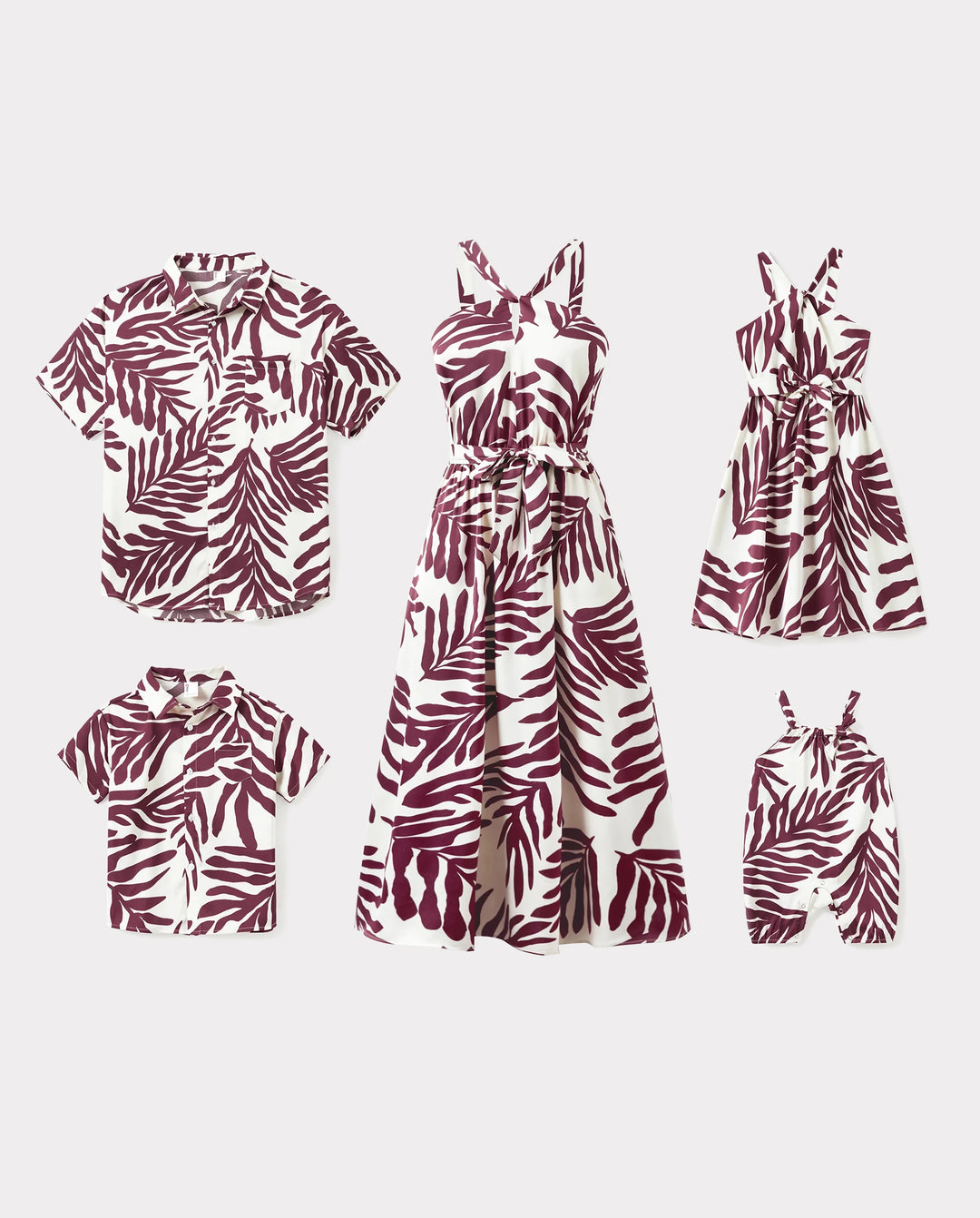 Family Matching Outfits Red Leaf Print Shirts and Strap Belted Dress for Hawaii/Cruise/Resort/Casual Wear White