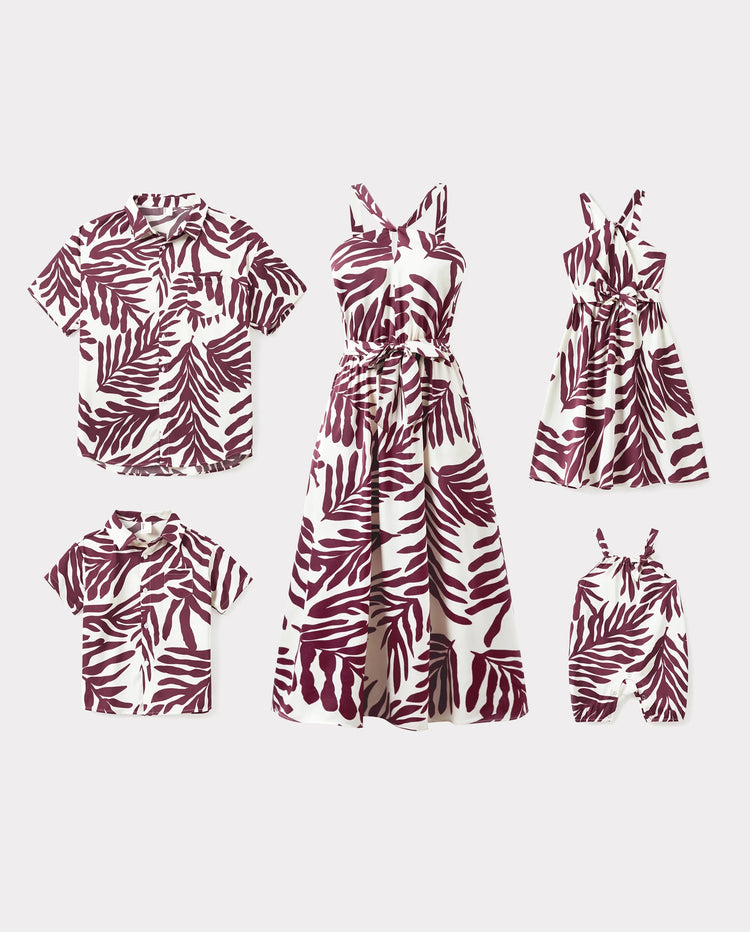 Family Matching Outfits Red Leaf Print Shirts and Strap Belted Dress for Hawaii/Cruise/Resort/Casual Wear White