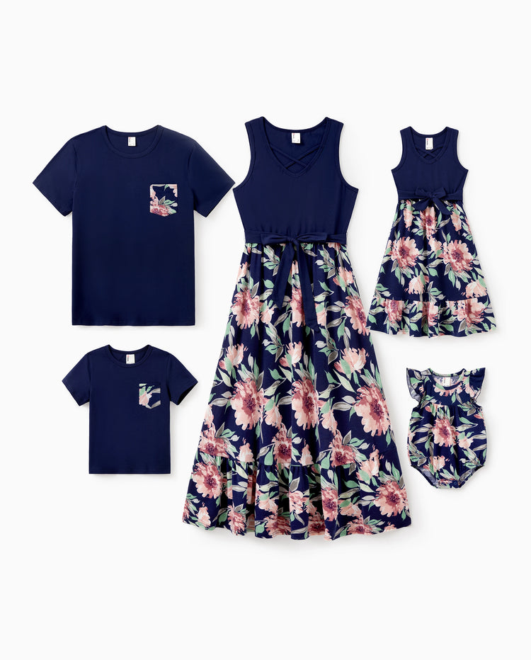 Family Matching Blue Cotton Tee and Flora Splicing Tank Top Dress Sets Deep Blue
