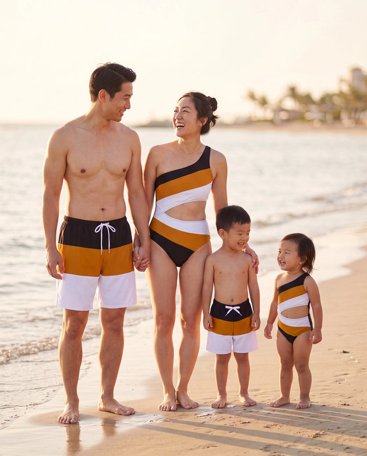 Family Matching Colorblock Swim Trunks Shorts or Cut Out Waist One-Shoulder One-piece Swimsuit Multi-color