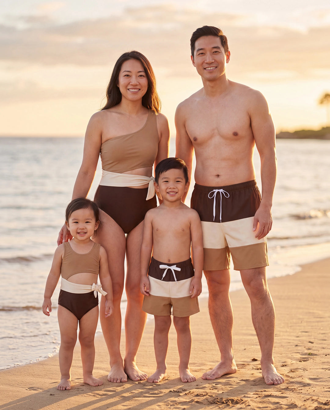 Trajes de baño familiares a juego bicolor, bikini de un solo hombro con recorte para mamá y yo, bañadores bicolor para papá e hijo, ropa de playa para vacaciones de verano Café