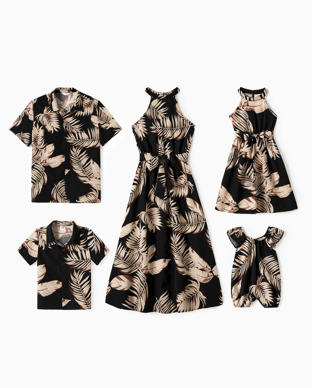 Family Matching Solid Leaf Sleeveless Halter Dresses And Short Sleeve Tops Sets Black