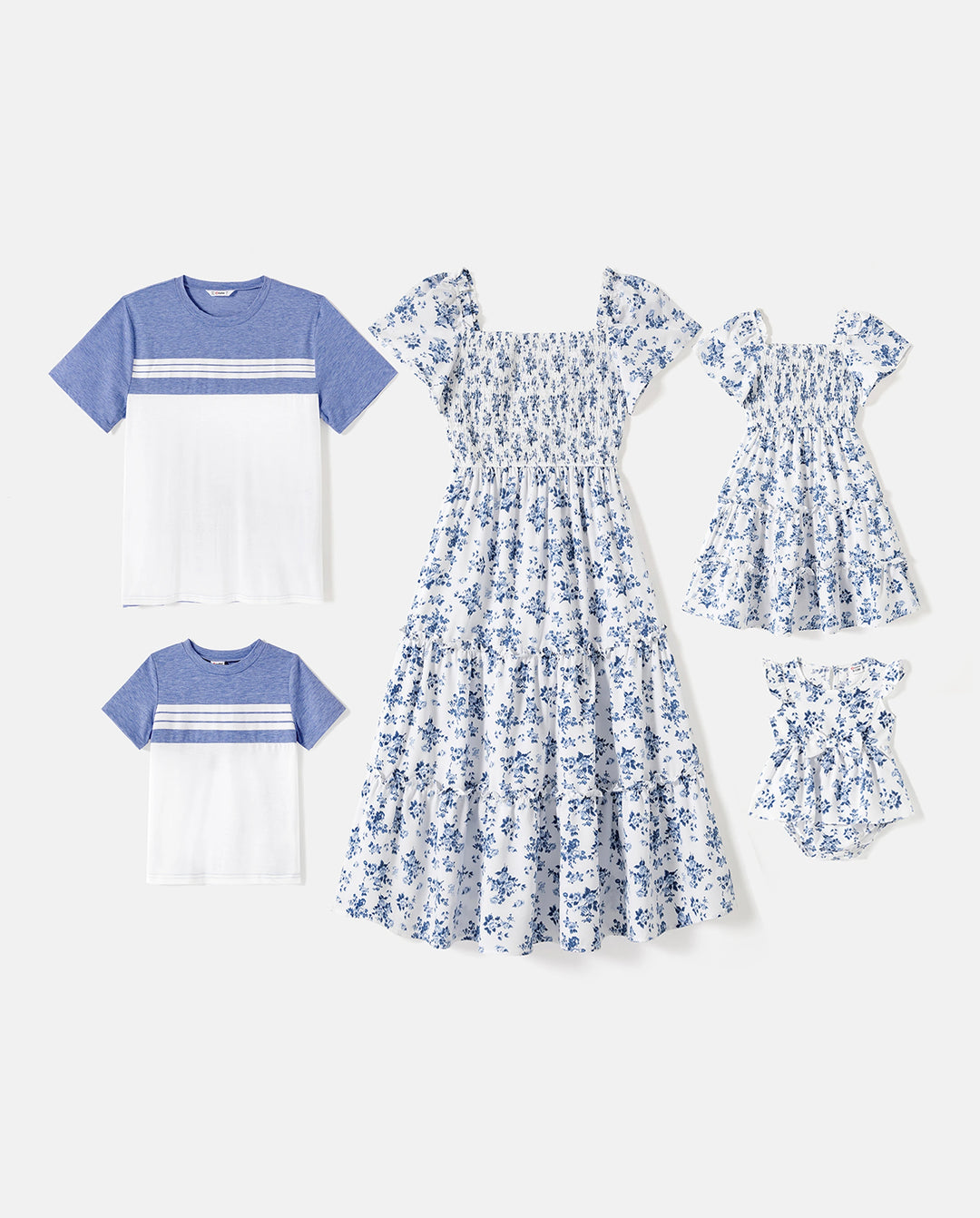 Family Matching Outfit: Floral Smocking Casual Suit BLUEWHITE