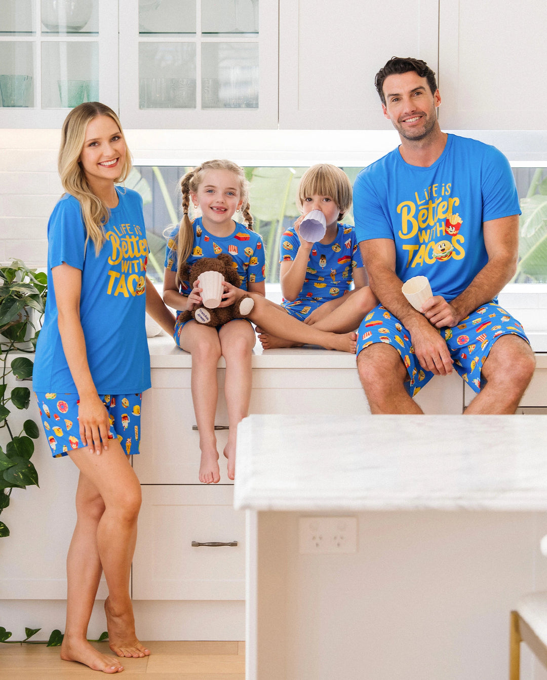Pijamas de Bambú a Juego para la Familia Pijamas Suaves de Bambú para Hombres, Mujeres, Niños y Bebés, Pijama de Manga Corta con Estampado de Hamburguesa y Papas Fritas (Ajustado para Niños) Azul Real