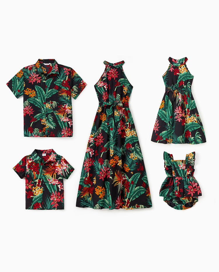 Family Matching Allover Plant Floral Print Halterneck Dresses and Short-sleeve Shirts Sets Black