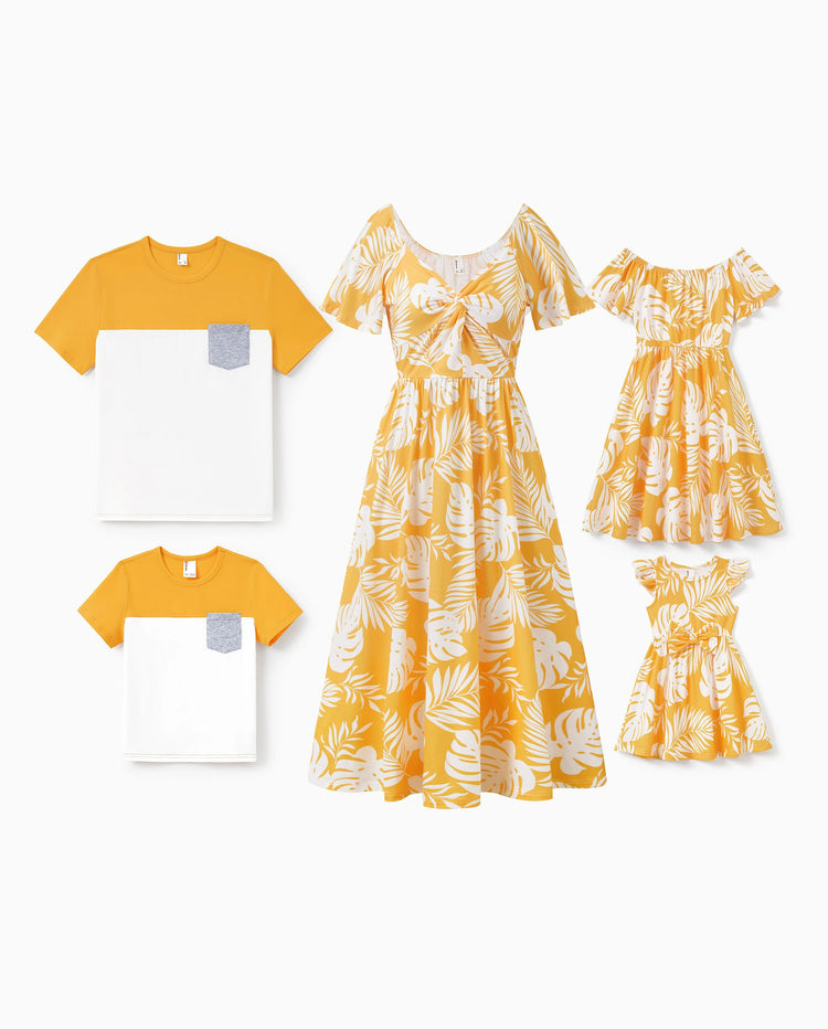 Family Matching Leaf Print  Flutter Dress or Short-sleeve Colorblock Shirts Yellow