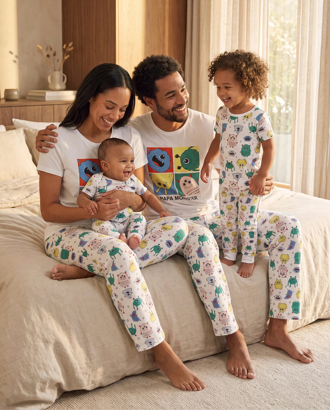 Bamboo Family Pajamas Cute Little Monster Print Short-sleeve Matching Pajama Set ( Snug-Fitting for Children ) White