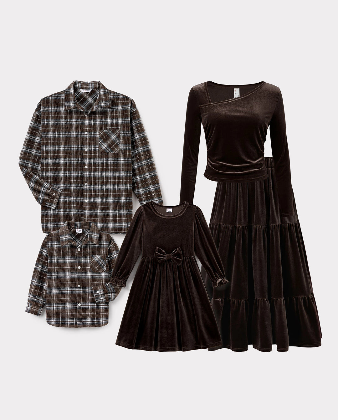 Velvet & Plaid Matching Family Outfits Dad/Son Shirts & Mom/Daughter Velvet Dresses Sets Dark Brown