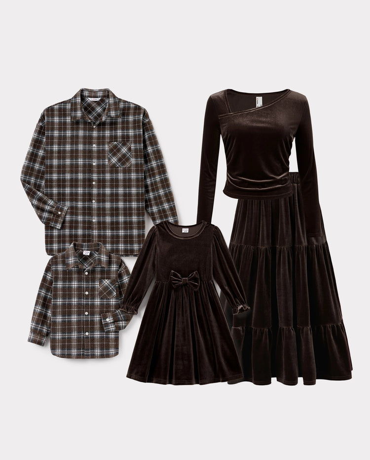 Velvet & Plaid Matching Family Outfits Dad/Son Shirts & Mom/Daughter Velvet Dresses Sets Dark Brown