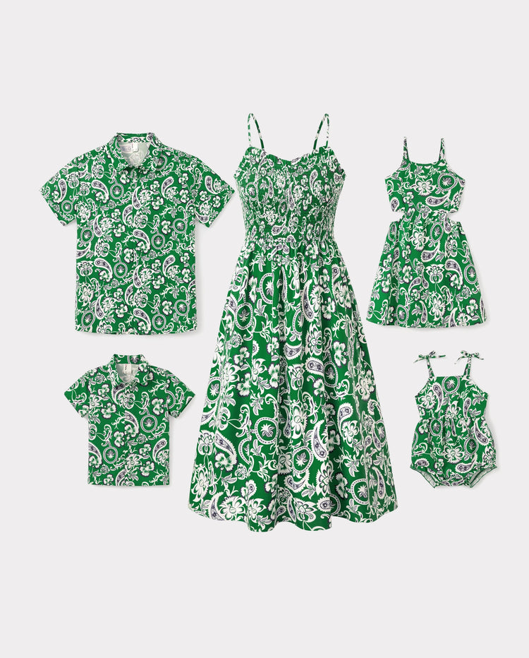 Family Matching Outfits Set Floral Print Short-sleeve Collar Shirt or Strappy Smocked  Dress for Summer Vacation  Green
