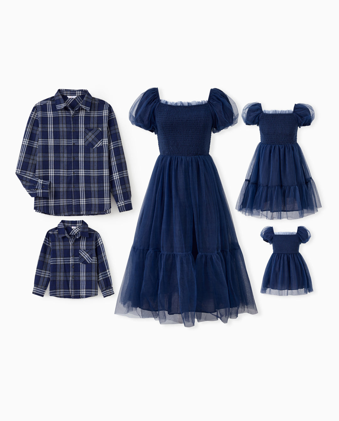 Passende Familien-Sets Kariertes langärmeliges Hemd oder elegantes gerafftes Mieder Puffärmel Tüll-Mesh-Kleid Königsblau