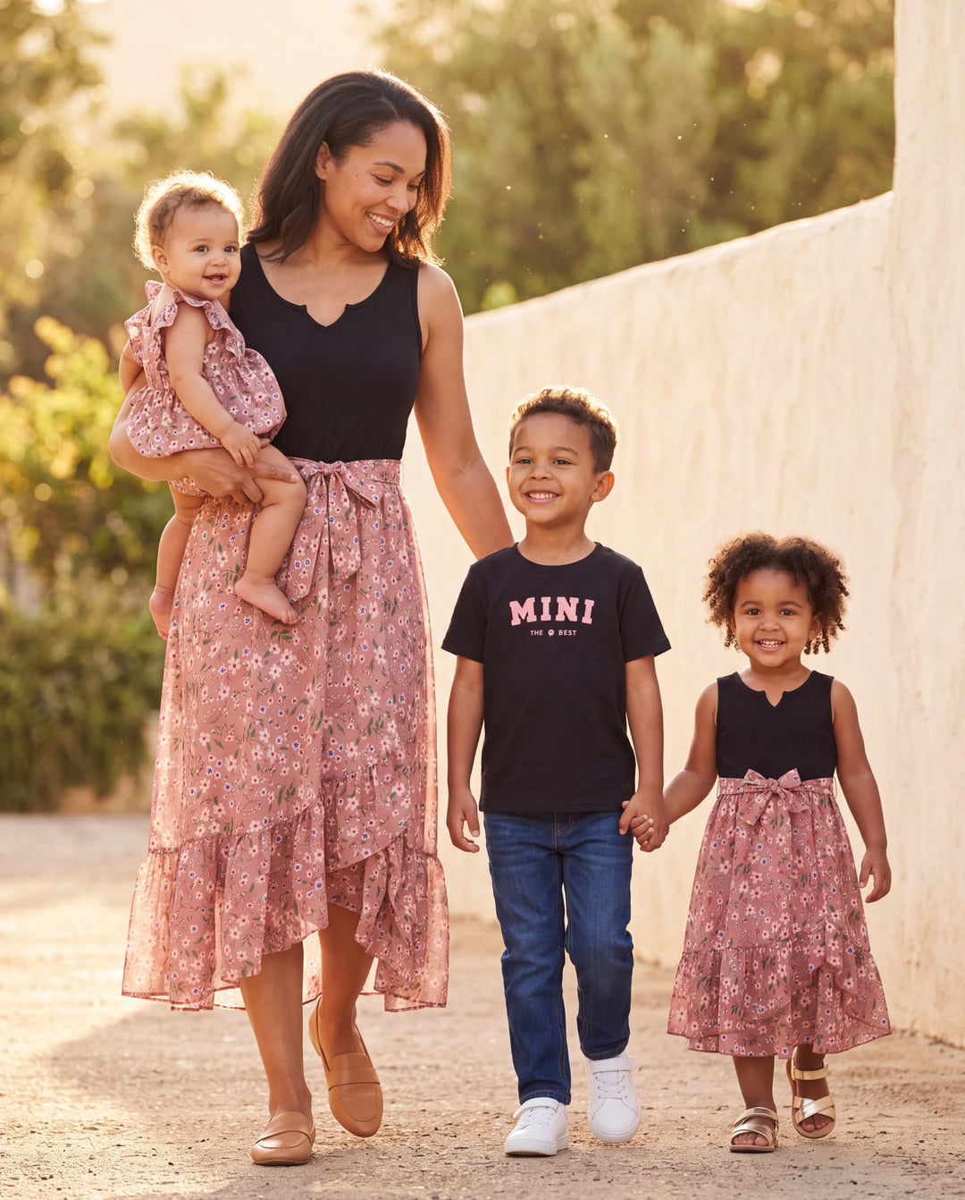 Conjunto de Camiseta de Algodón y Vestido para Mamá y Yo Camiseta Negra con Estampado Daddy / Mini para Papá y Niño, Vestido con Estampado Floral para Mamá, Niña y Bebé, Perfecto para Salidas Familiares de Verano Negro