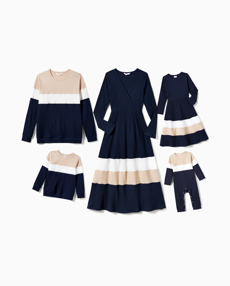 Family Matching Color-Block Knit Long-Sleeved Dresses And Tops Sets Multi-color