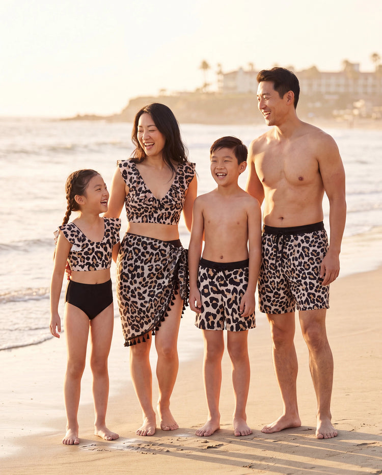 Family Matching Leopard Pattern Drawstring Swim Trunks or Ruffle Neck Two-Piece Bikini with Optional Cover Up Sarong Skirt Black