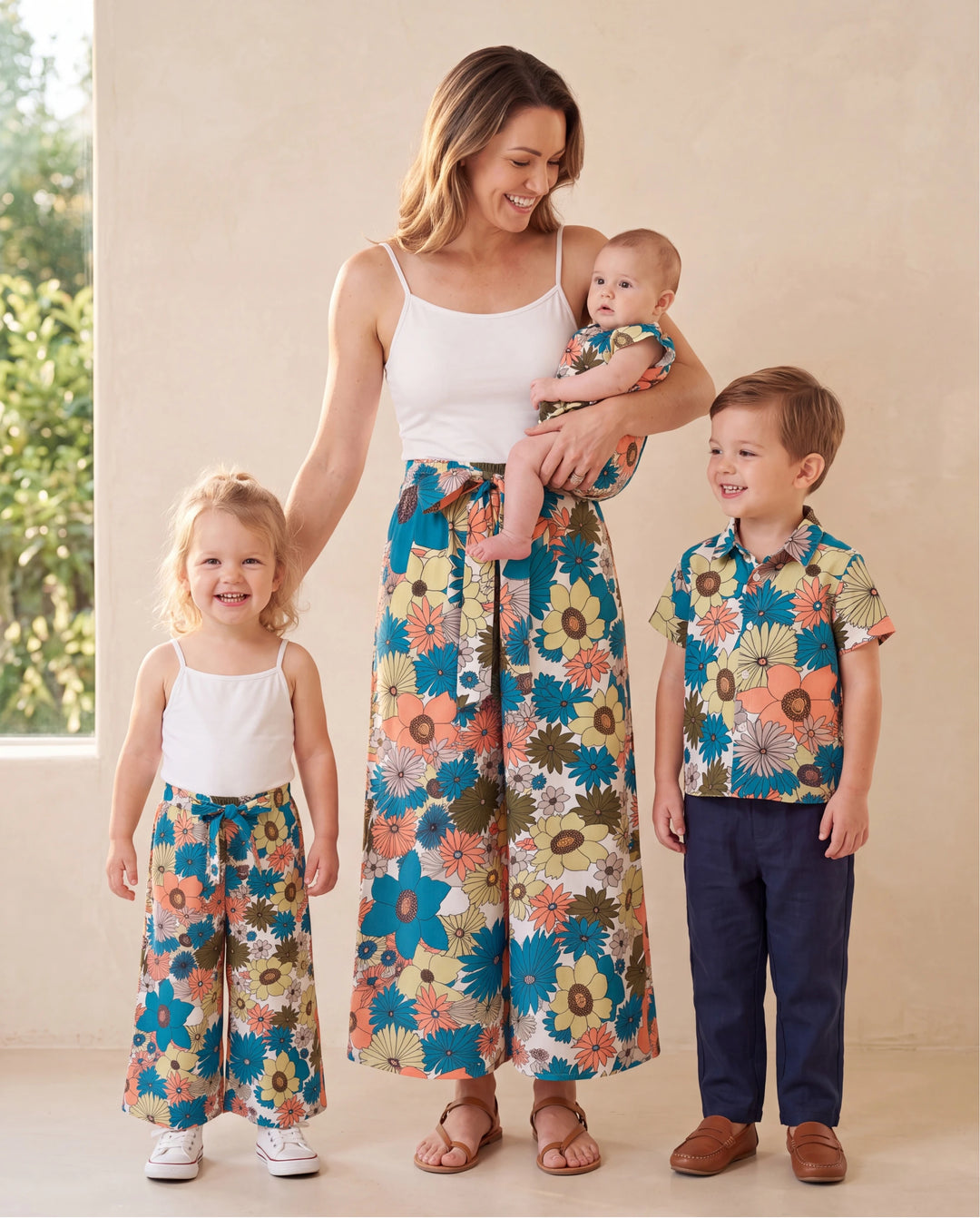 Mommy & me Set Sun Flower Print Short-sleeve Collar Shirt or White Camisole Top and Flower Wide-leg Pants Set for Summer Vacation Multi-color