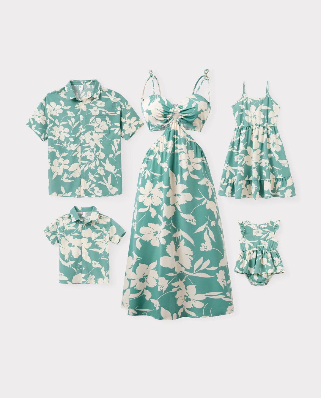 Family Matching Leaf Print Green Short-sleeve Shirt or Sling Shirred Dress Set Green