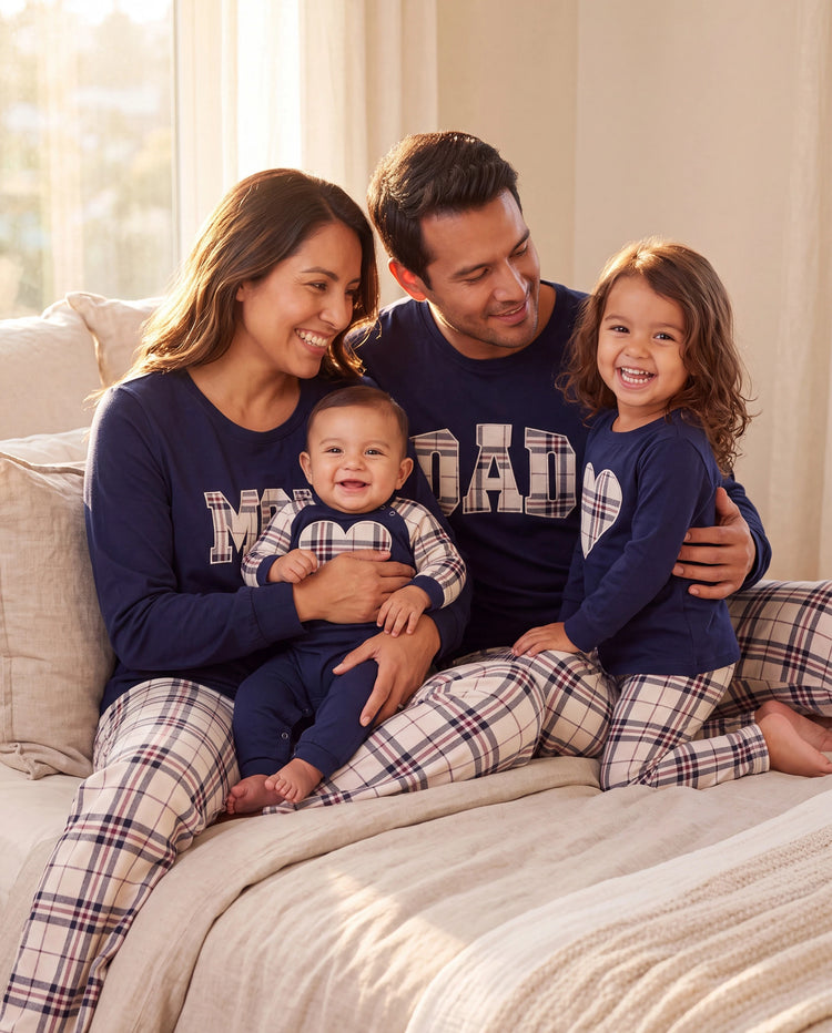 Family Matching School Grid Letter Print Patch Long Sleeve Pajamas Sets Blue