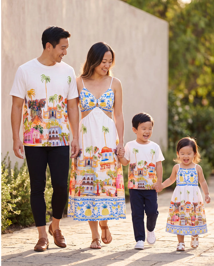 Family Matching Vacation Set Tropical Pineapple Coconut Tree Print Short-sleeve T-shirt or Hollow out Strap Dress for Summer Vacation  White