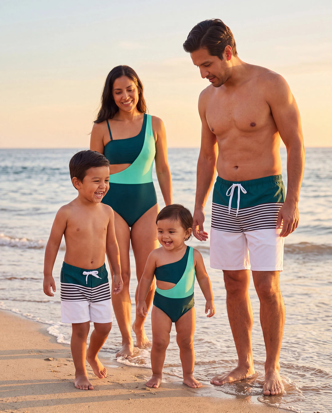 Family Matching Colorblock One Shoulder Cut Out One-piece Swimsuit and Striped Spliced Swim Trunks Shorts DeepTurquoise