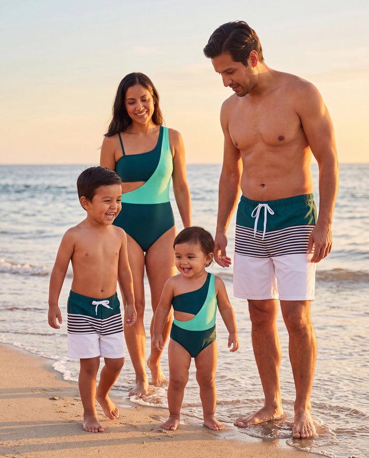 Family Matching Colorblock One Shoulder Cut Out One-piece Swimsuit and Striped Spliced Swim Trunks Shorts DeepTurquoise