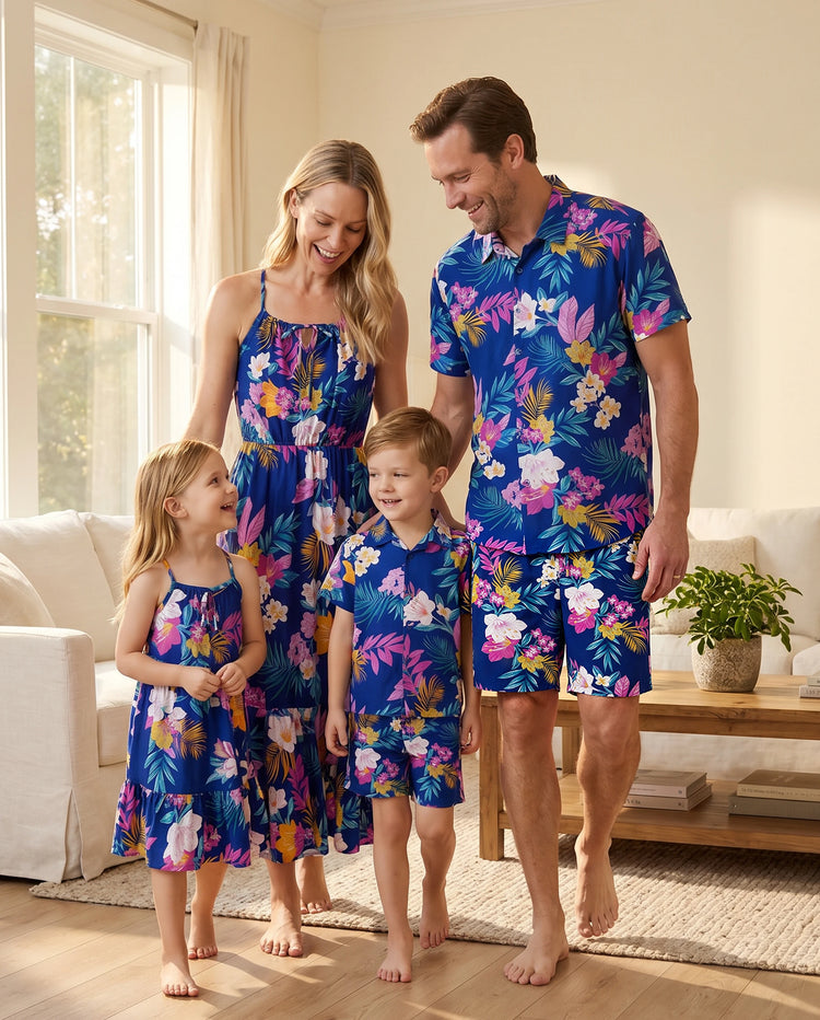 Conjuntos hawaianos familiares a juego: vestido de tirantes con estampado floral tropical o conjunto de camisa y pantalones cortos de manga corta, conjunto de ropa de playa de verano para vacaciones, azul profundo