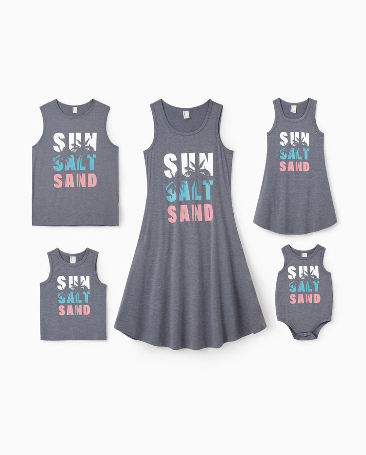 Family Matching Letter Print ärmelloses Tanktop oder Tankkleid Set grau