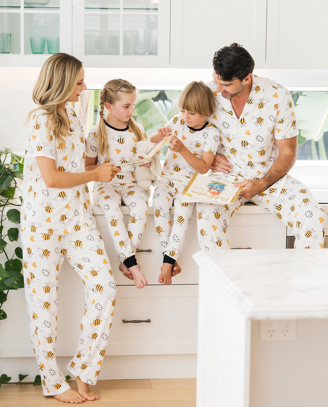 Family Matching Bamboo Pajamas Soft Bamboo Viscose PJs for Men Women Kids Toddler, Cute Bee Print Sleepwear with Short Sleeve Top and Long Pants White