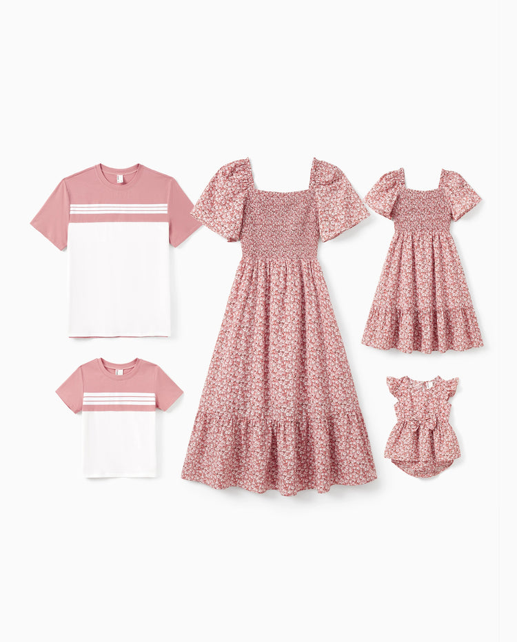 Family Matching Blue Cotton Colorblock Tee Shirt or Floral Print Smocking Puff-sleeve Dress Set  Pink