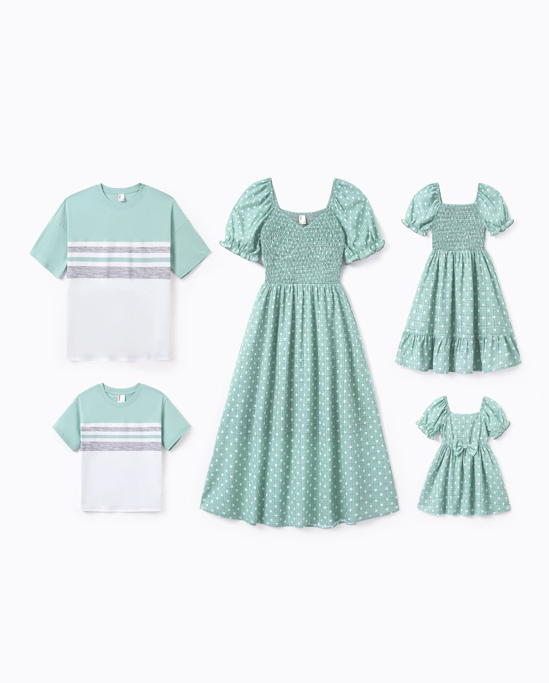 Family Matching T-Shirt & Dress Set Polka Dot Puff-sleeve Dress for Mom, Daughter & Baby, Color Block Cotton Tee for Dad & Son, Perfect for Family Outings & Photos Light Green