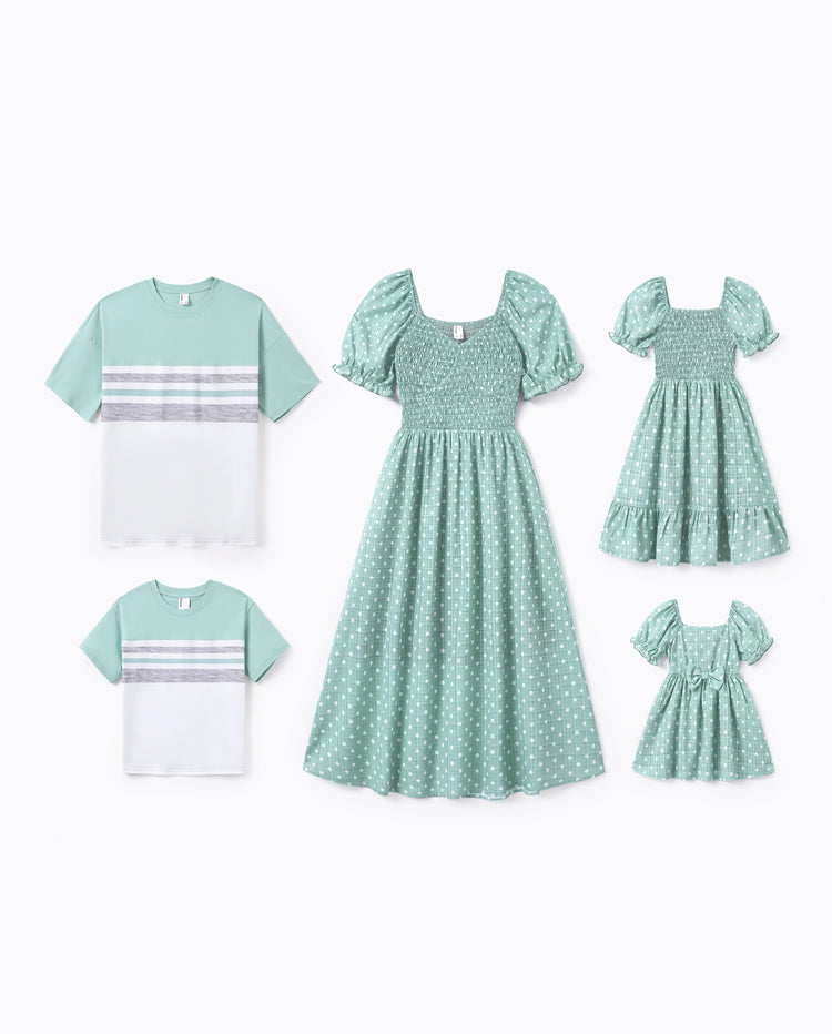 Family Matching T-Shirt & Dress Set Polka Dot Puff-sleeve Dress for Mom, Daughter & Baby, Color Block Cotton Tee for Dad & Son, Perfect for Family Outings & Photos Light Green