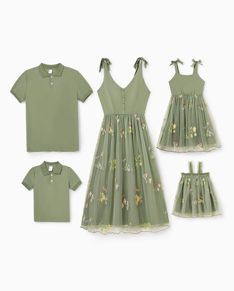 Family Matching Polo Collar Short-sleeve Shirt or V-neck Strappy Mesh Dress  Green