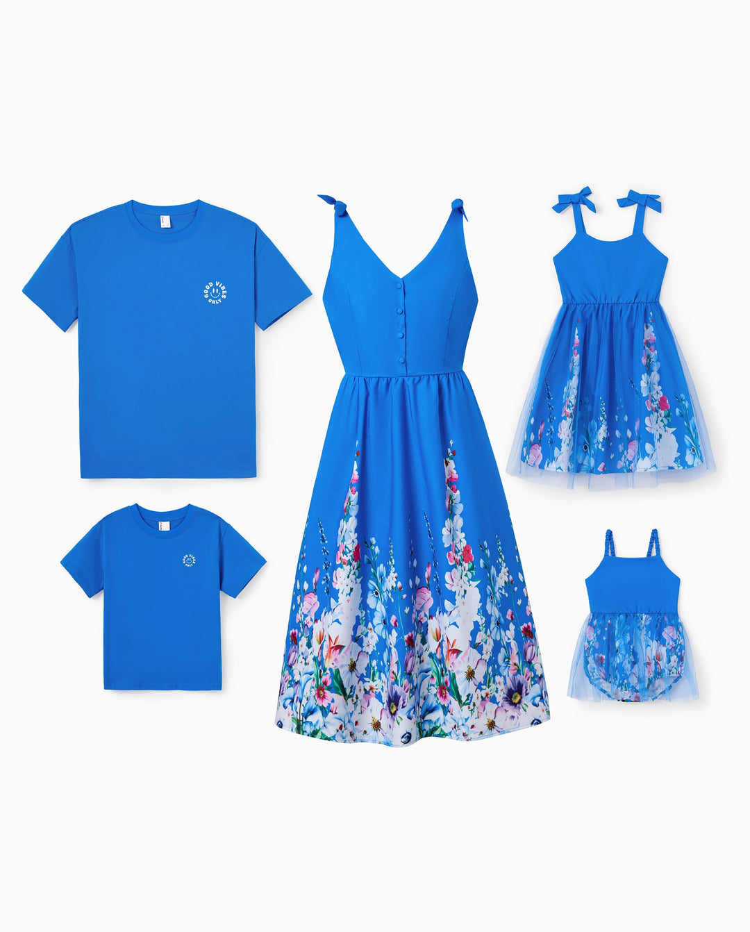 Conjunto de Ropa a Juego para la Familia Vestido Floral sin Mangas o Camiseta de Manga Corta Azul