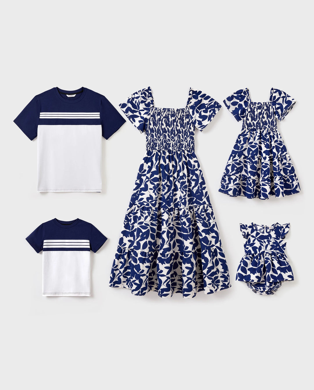 Family Matching Blue Colorblock Tee or Leaf Print Smocking Puff-sleeve Dress Set Blue
