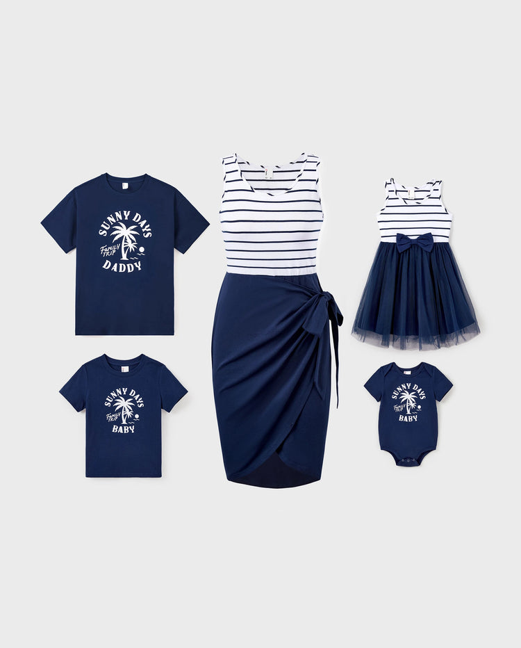 Set a Juego para la Familia de Camiseta de Algodón y Vestido – Estampado de Palmeras Días Soleados para Papá, Mamá, Bebé y Niño Pequeño, Perfecto para Vacaciones de Verano y Salidas Familiares Azul Tibetano