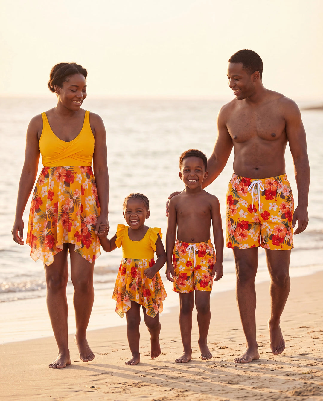 Family Matching Floral Drawstring Swim Trunks or Flowy Spliced Mesh Swim Dress with Triangle Swim Bottom Yellow