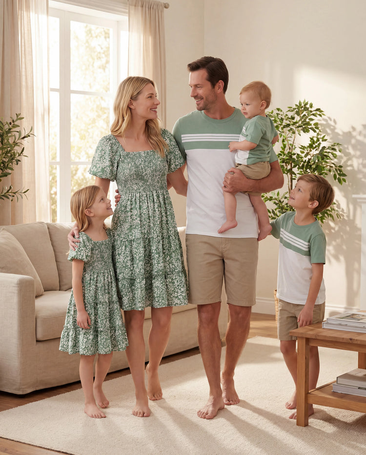 Elegant Broken Flower Matching Outfits for Family, Smocking Design, Medium Thickness Green