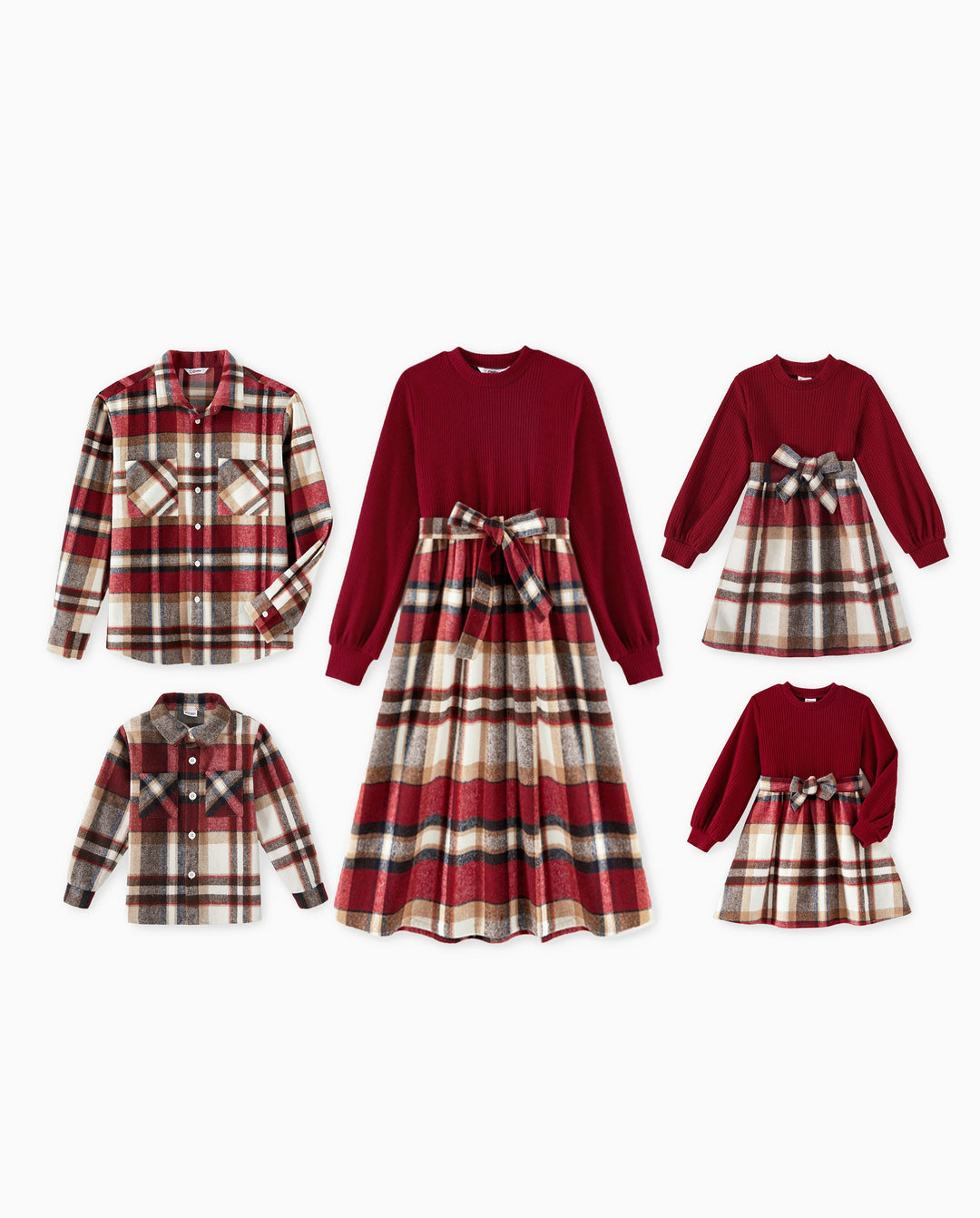 Passende, solide, gerippte, gespleißte, karierte Kleider mit Gürtel und langärmlige Button-up-Hemden-Sets für die Familie kastanienbraun