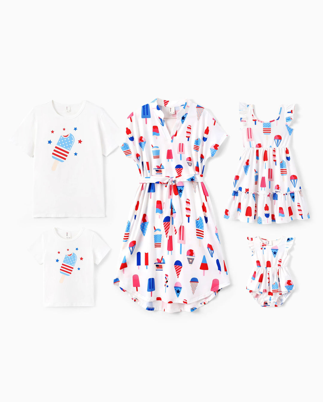 Independence Day Family Matching Patriotic Ice Cream Print Summer Cotton T-shirt & V-Neck Dresses White