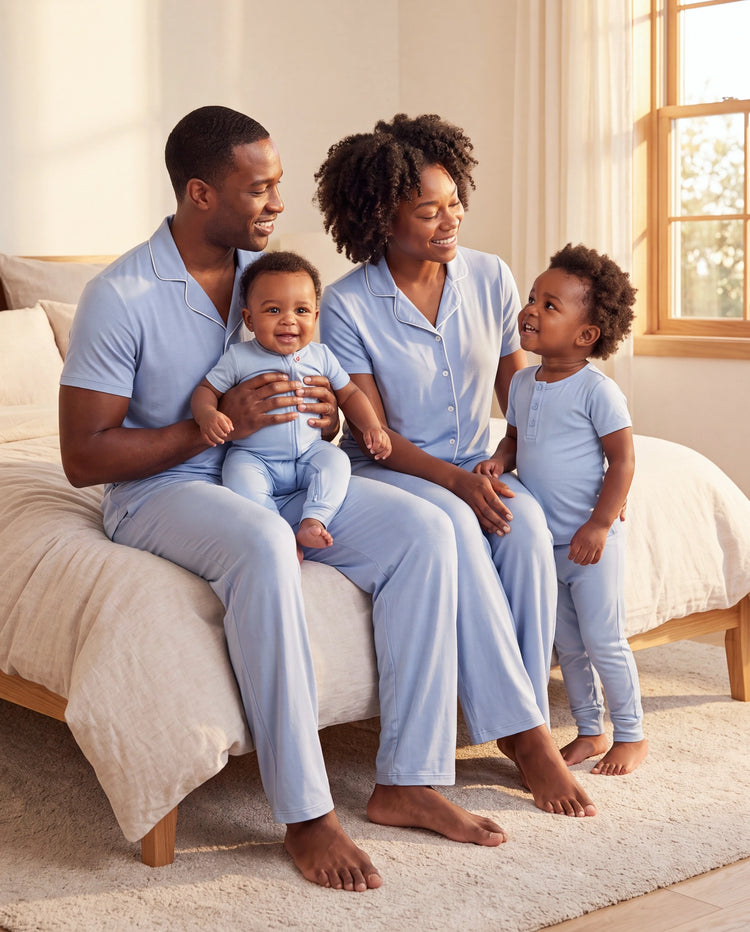 Family Matching Bamboo Pajamas Soft Bamboo Viscose PJs for Men Women Kids Toddler Baby, Classic Blue Short-sleeve Sleepwear with Button-Down Shirt and Pants Blue grey