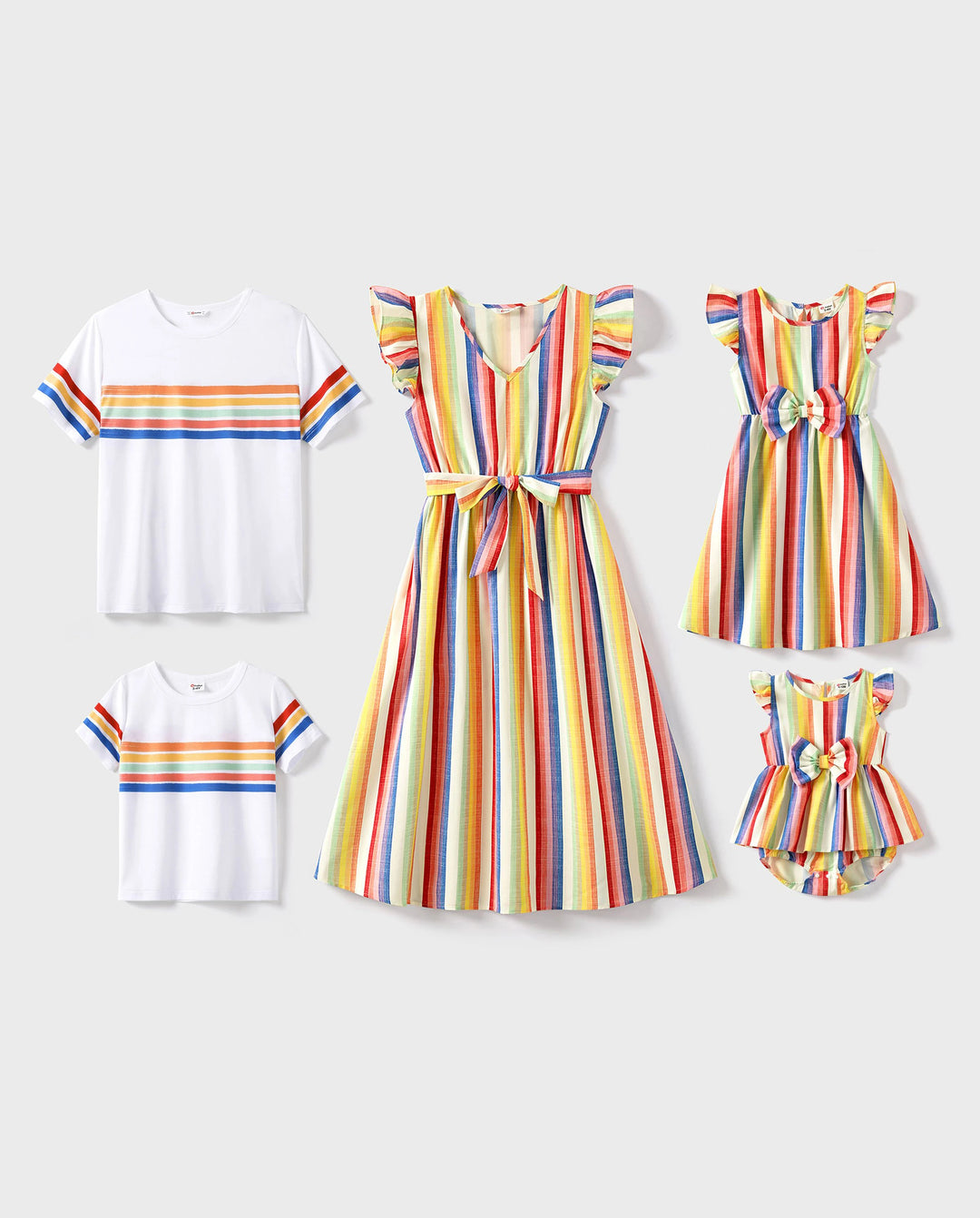 Family Matching Colorful Striped V Neck Flutter-sleeve Dresses and Short-sleeve T-shirts Sets COLOREDSTRIPES