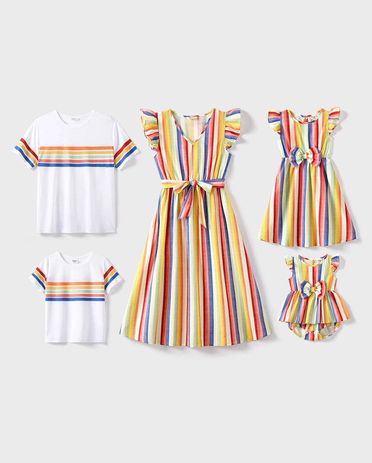 Family Matching Colorful Striped V Neck Flutter-sleeve Dresses and Short-sleeve T-shirts Sets COLOREDSTRIPES