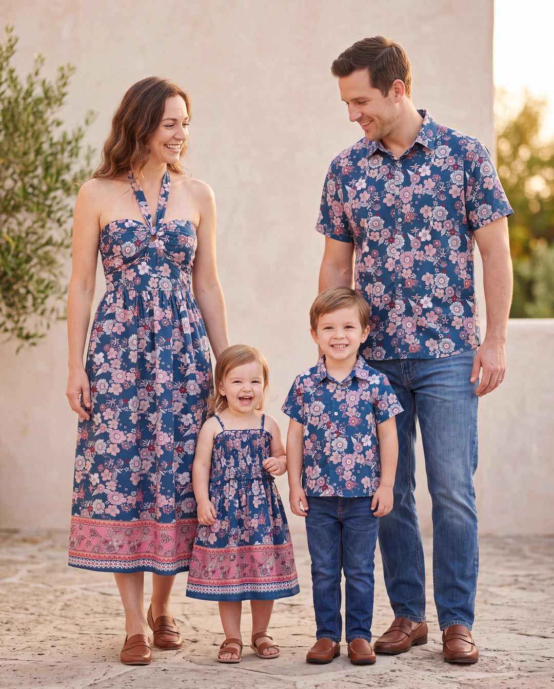Conjunto de Ropa a Juego para la Familia Camisa con Cuello y Estampado Floral Completo de Manga Corta o Vestido sin Mangas Halter para Vacaciones de Verano CIAN-