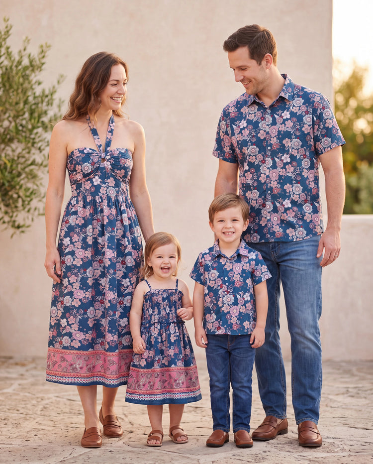 Conjunto de Ropa a Juego para la Familia Camisa con Cuello y Estampado Floral Completo de Manga Corta o Vestido sin Mangas Halter para Vacaciones de Verano CIAN-