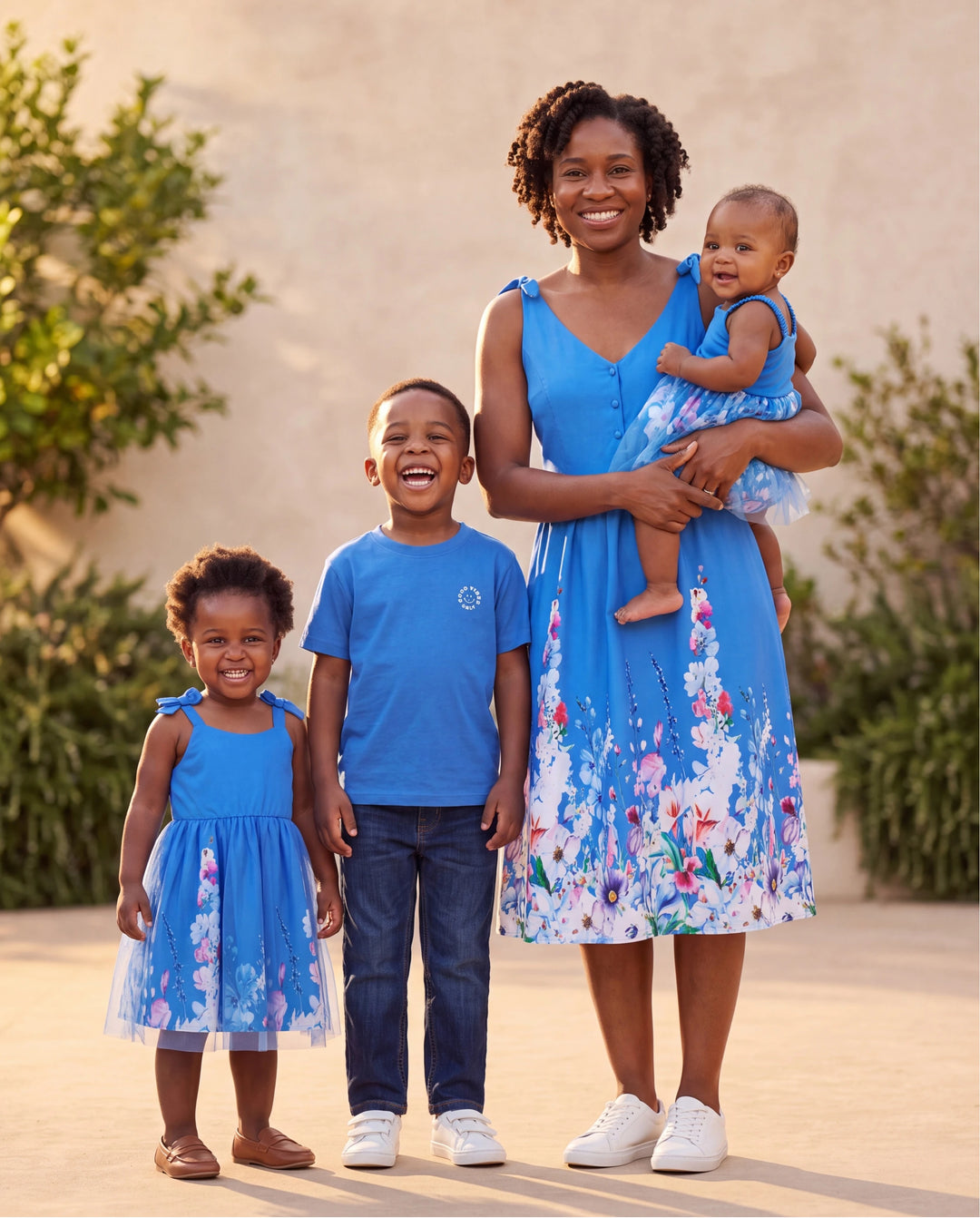 Mommy & me Outfits Set Floral Sleeveless Dress or Short-sleeve T-shirt Blue