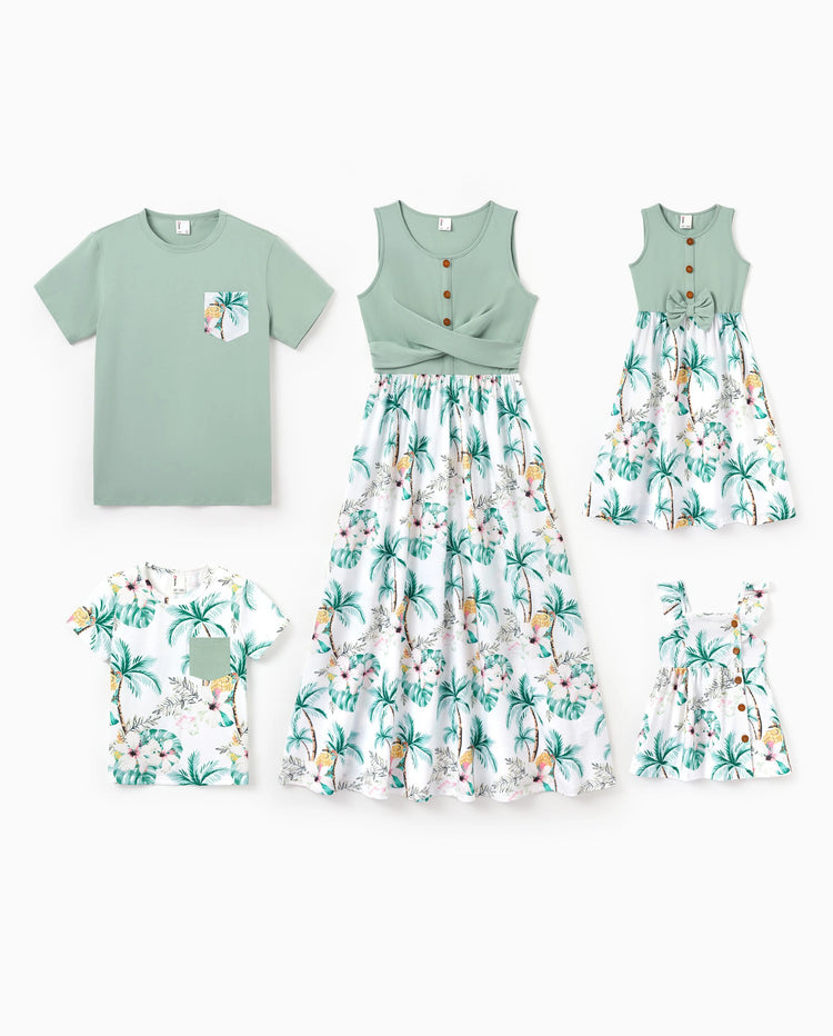 Family Matching Tropical Print Outfits Mommy & Me Tank Dress & Dad/Kids Cotton T-Shirt Set
 Green