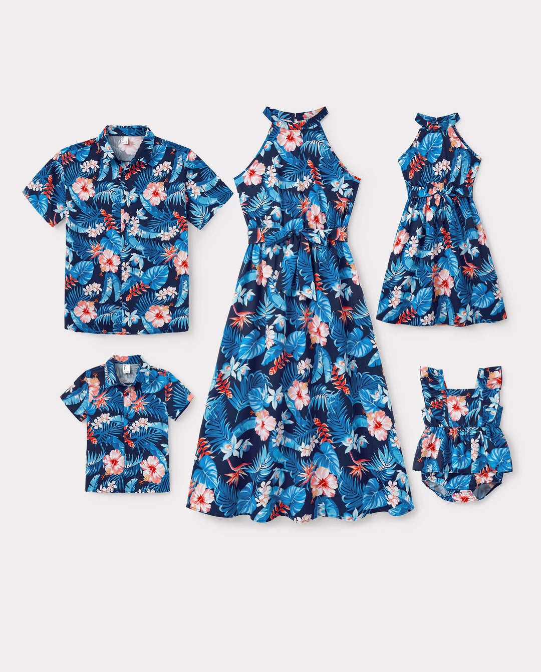 Family Matching Vacation Set Tropical Floral Print Shirt or Halter Dresses for Dad, Mom, Kids & Baby, Perfect for Summer Holidays & Family Photos Deep Blue