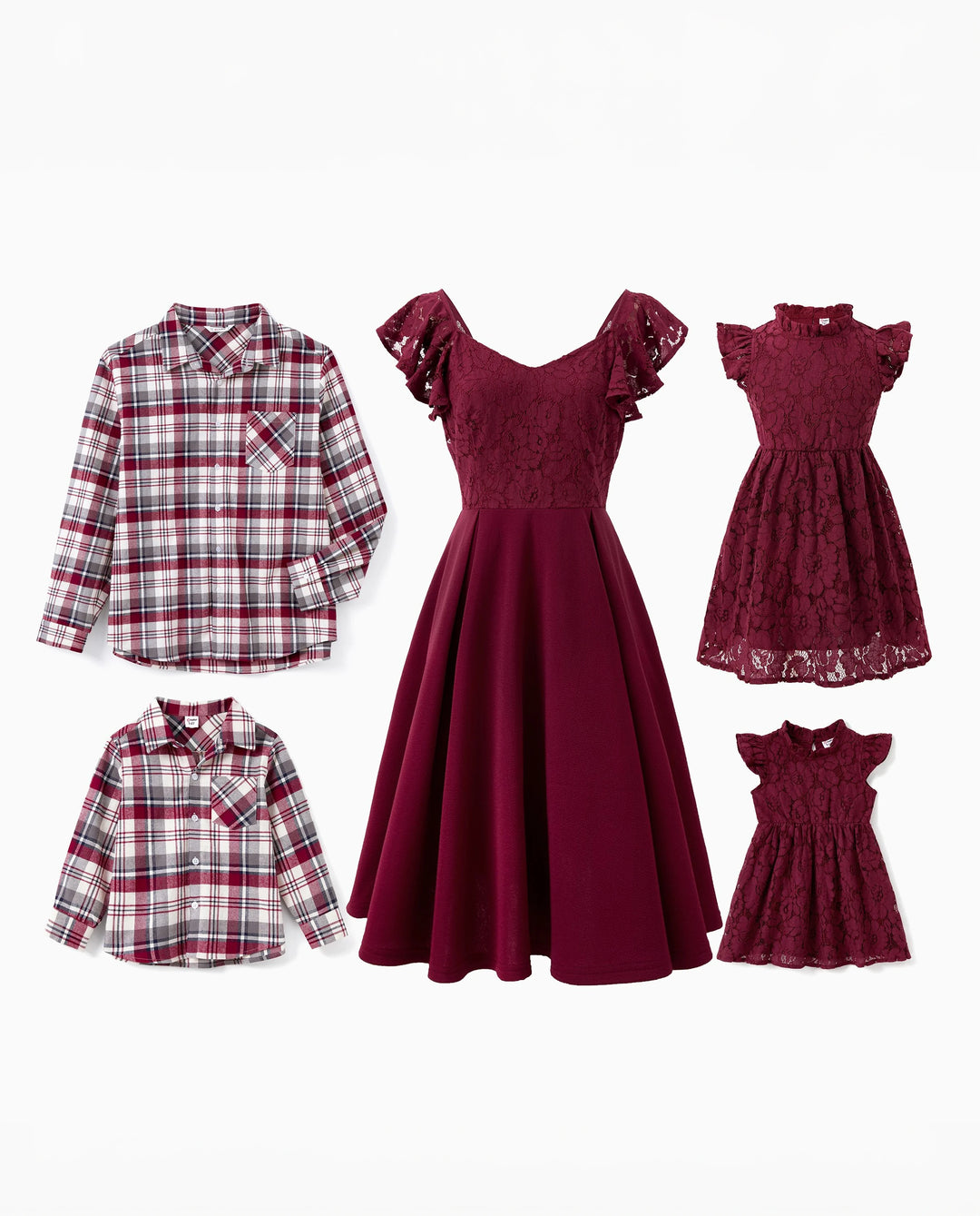 Family Matching Sets Plaid Shirt or Red Wine Lace Ruffle Sleeve A-Line Dress WineRed